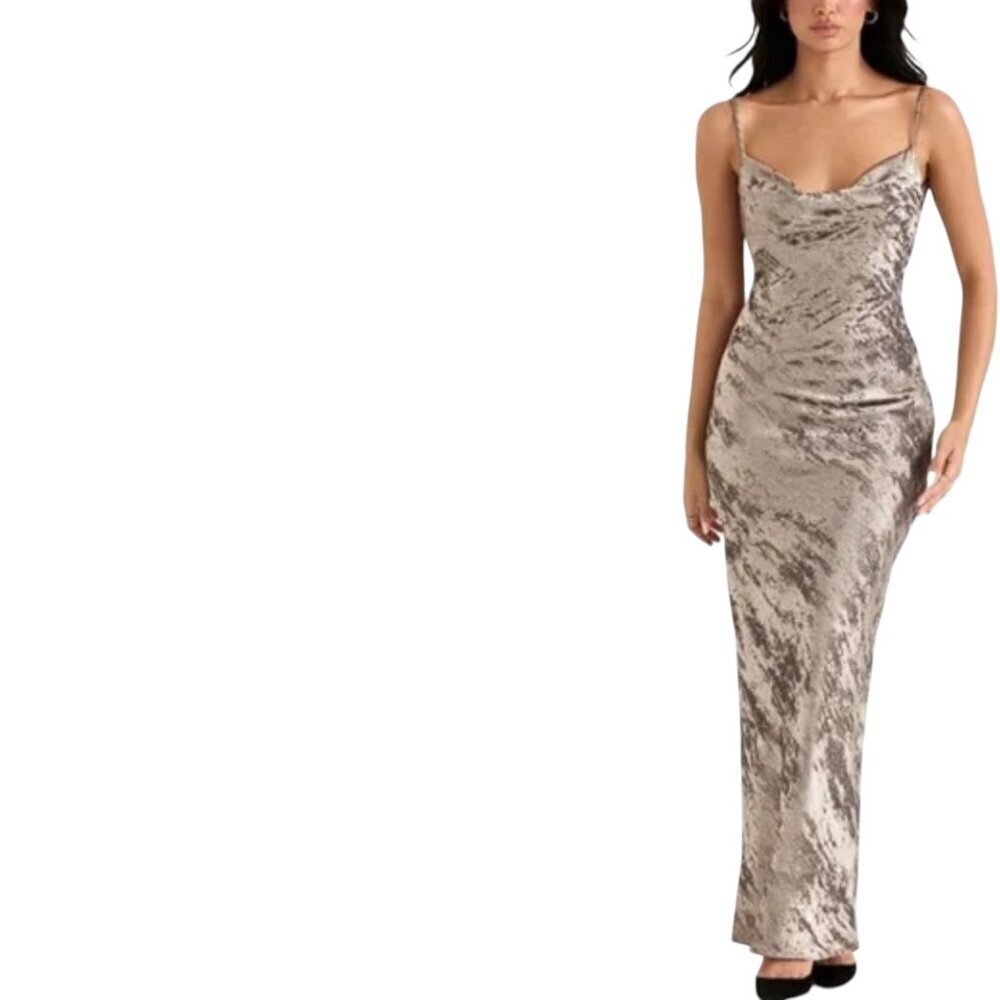 House of CB Gabrielle Pewter Metallic Cowl Neck Satin Maxi Dress M